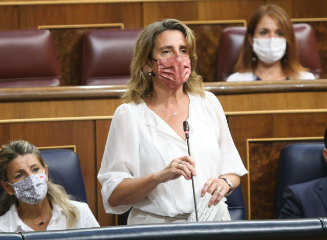La vicepresidenta para la Transición Ecológica, Teresa Ribera, responde a la oposición en una sesión de control al Gobierno en el Congreso