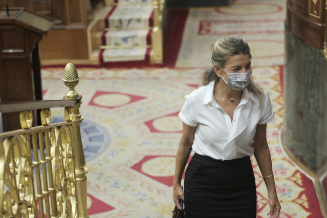 La vicepresidenta segunda del Gobierno y ministra de Trabajo y Economía Social, Yolanda Díaz, en una sesión de control al Gobierno en el Congreso