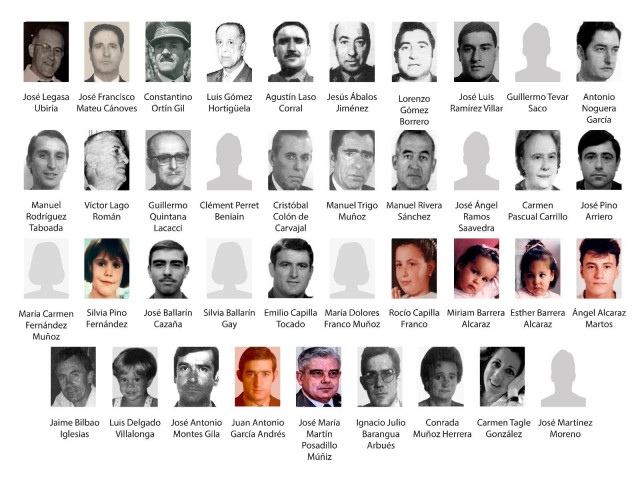 Cartel con las 39 víctimas mortales de Henri Parot difundido en un homenaje del Centro Memorial en Vitoria