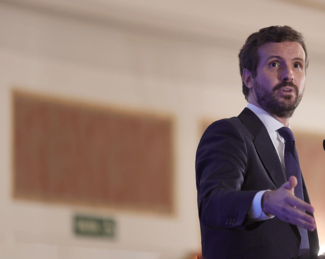 El presidente del Partido Popular, Pablo Casado, interviene durante un desayuno informativo del Fórum Europa, organizado por Nueva Economía Fórum, en el Hotel Four Seasons, a 7 de septiembre de 2021, en Madrid (España). El encuentro tiene lugar un día des