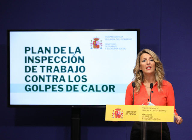 Archivo - La vicepresidenta segunda del Gobierno y ministra de Trabajo y Economía Social, Yolanda Díaz, interviene durante la presentación del plan de actuación de la Inspección de Trabajo frente al golpe de calor, en la sede del Ministerio de Trabajo y E