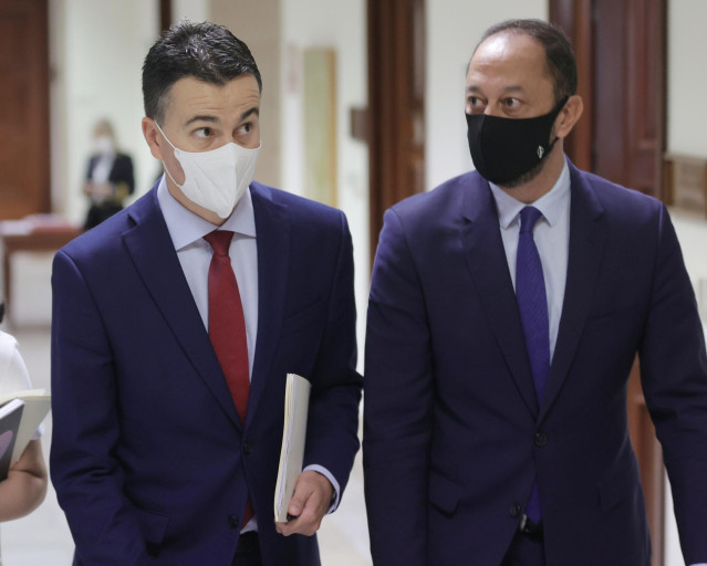 El diputado por Tenerife y portavoz del PSOE en el Congreso, Héctor Gómez (i), y el vicepresidente primero del Congreso de los Diputados por el PSOE, Alfonso Rodríguez Gómez de Celis, se dirigen a una Junta de Portavoces en el Congreso