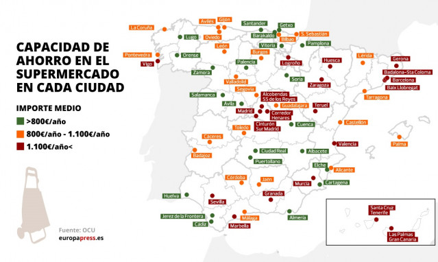 Mapa con capacidad de ahorro anual en el supermercado en ciudades españolas según la OCU