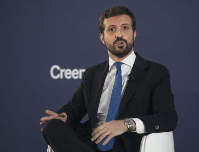 El presidente del PP, Pablo Casado, durante su intervención en la convención sobre 'La fortaleza de las instituciones' en el marco de la Convención Nacional del PP. A 30 de septiembre de 2021, en Sevilla (Andalucía, España).