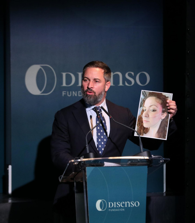 El presidente de Vox y de la Fundación Disenso, Santiago Abascal, en la presentación del documental 'Desenmascarando al Foro de São Paulo: una amenaza para la libertad en la Iberosfera'