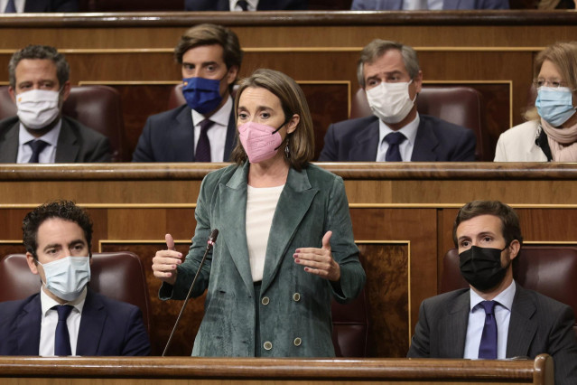 La portavoz del PP en el Congreso, Cuca Gamarra, interviene en una sesión de control al Gobierno en el Congreso de los Diputados, a 20 de octubre de 2021, en Madrid, (España).
