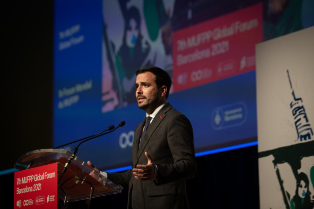 El ministro de Consumo, Alberto Garzón, en la clausura del VII Foro Global del Pacto de Políticas Alimentarias Urbanas de Milán, a 21 de octubre de 2021, en Barcelona, Catalunya (España).