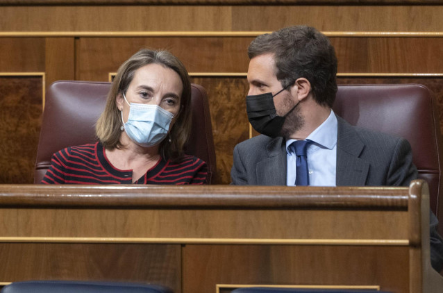 El líder del PP, Pablo Casado, y la portavoz parlamentaria del PP, Cuca Gamarra, en una sesión plenaria en el Congreso