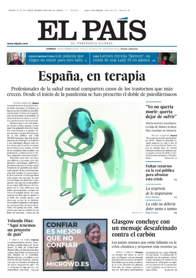 Portada de El País del domingo 14 de noviembre.