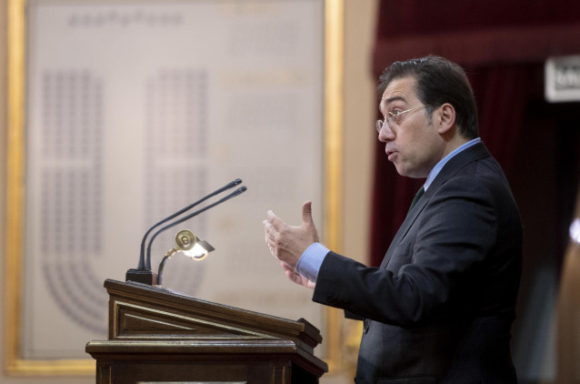 El ministro de Asuntos Exteriores, UE y Cooperación, José Manuel Albares, interviene en el acto de clausura del Congreso Internacional de Editores de Medios de la UE y América Latina, en el Senado, a 10 de noviembre de 2021, en Madrid, (España)