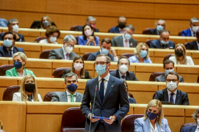 El portavoz del PP en el Senado, Javier Maroto, interviene durante una sesión de control al Gobierno en el Senado, a 19 de octubre de 2021, en Madrid (España).