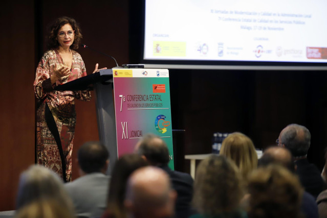 La ministra de Hacienda y Función Pública, María Jesús Montero, este miércoles en la inauguración de las XI Jornadas de Modernización y Calidad en la Administración Local en Málaga.