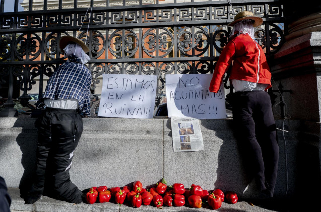 Dos espantapájaros junto a dos carteles en los que se leen: 'Estamos en la ruina, no aguantamos más', durante una concentración de agricultores y exportadores de naranjas, frente al Ministerio de Agricultura, a 24 de noviembre de 2021, en Madrid, (España)