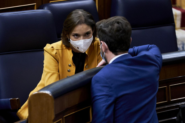 El diputado nacional del PP, Diego Movellán, conversa la ministra de Industria, Comercio y Turismo, Reyes Maroto, en una sesión plenaria en el Congreso