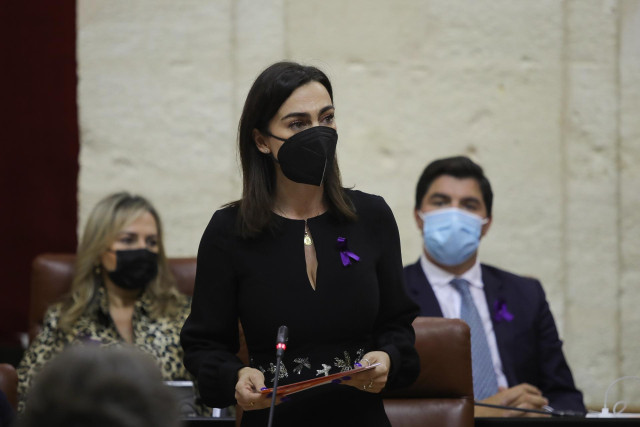 La portavoz de Cs, Teresa Pardo, este jueves durante su pregunta al presidente de la Junta, Juanma Moreno.