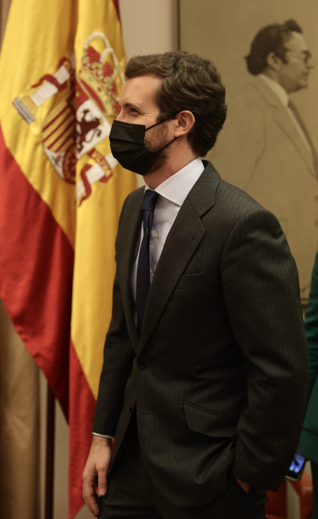 El presidente del PP, Pablo Casado, participa en la mesa de debate ‘Los Valores Constitucionales en la España del Siglo XXI’, organizada por el Grupo Popular y la Universidad Católica San Antonio de Murcia, a 29 de noviembre de 2021, en Madrid