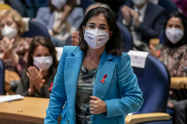 La ministra de Sanidad, Carolina Darias, en el acto del Día Mundial de Acción contra el VIH/Sida, en el Salón de Actos Ernest Lluch del Ministerio de Sanidad, a 1 de diciembre de 2021, en Madrid (España). Con el lema ‘Poner fin a las desigualdades. Poner