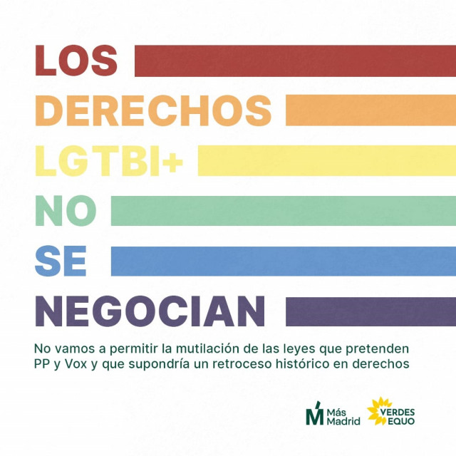 Cartel de Más Madrid bajo el lema 'Los derechos LGTBI+ no se negocian'.