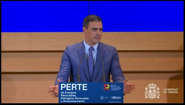 El presidente del Gobierno, Pedro Sánchez, durante el acto de presentación del Perte de Energías Renovables, en el Ministerio para la Transición Ecológica y para el Reto Demográfico, en Madrid a 15 de diciembre.