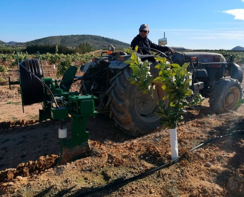 Archivo - Tractor y riego por goteo