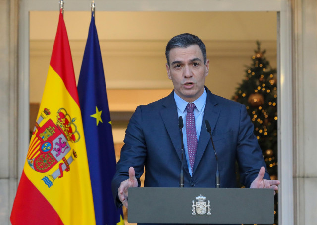 El presidente del Gobierno, Pedro Sánchez, durante una declaración institucional, en el Palacio de la Moncloa.