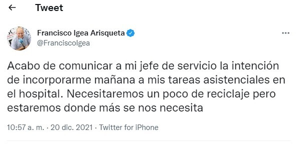 Mensaje en el que Igea asegura que ha solicitado reincorporarse al Hospital de Palencia.