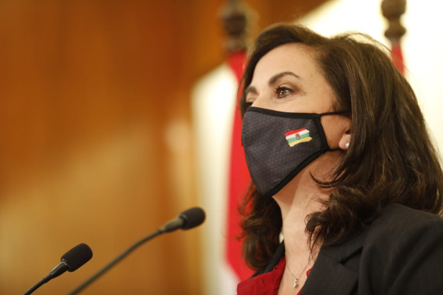 La presidenta del Gobierno de La Rioja, Concha Andreu, en comparecencia de prensa posterior a la Conferencia de Presidentes