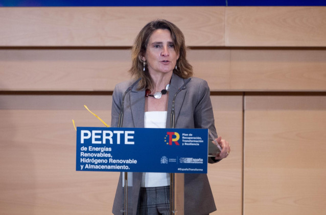 La vicepresidenta y ministra para la Transición Ecológica y el Reto Demográfico, Teresa Ribera, interviene en el acto de presentación del Proyecto Estratégico para la Recuperación y Transformación Económica (PERTE) de Energías Renovables, Hidrógeno Verde