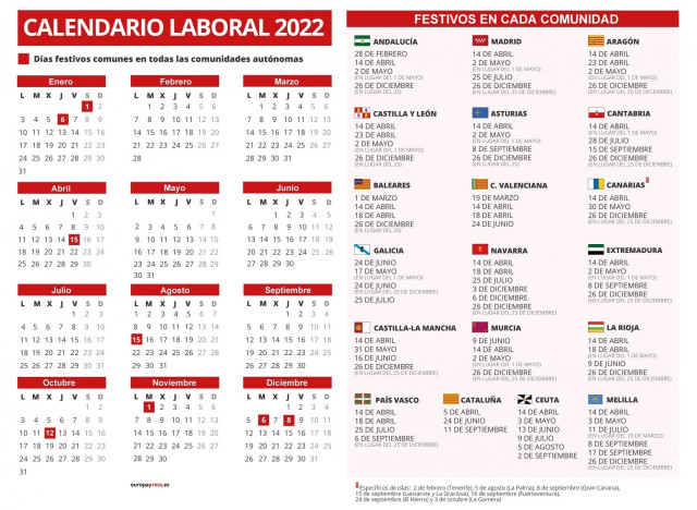 Calendario laboral de 2022