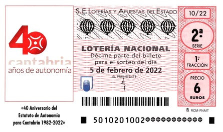 Décimo de Lotería Nacional con el logo del 40 Aniversario del Estatuto de Autonomía de Cantabria