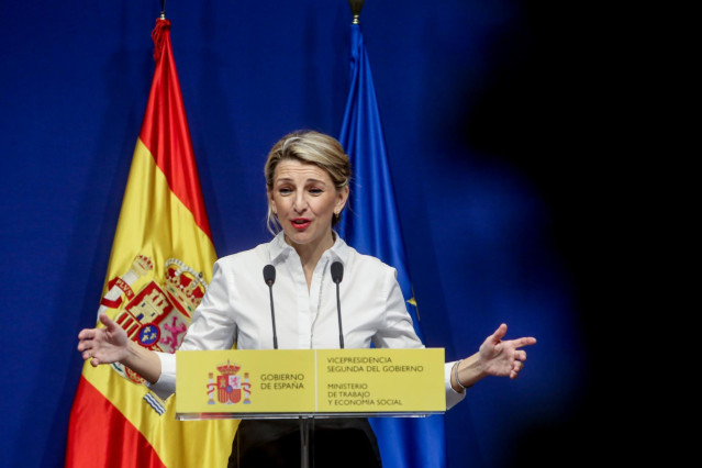 La vicepresidenta segunda y ministra de Trabajo y Economía Social, Yolanda Díaz, este lunes en el Ministerio.