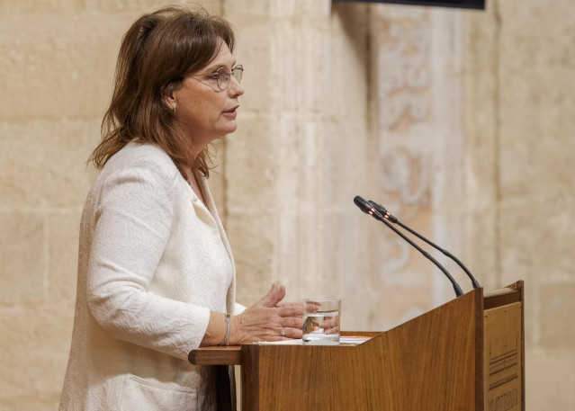La parlamentaria de Cs Mar Sánchez, este jueves en el Pleno del Parlamento en su defensa de la PNL de PP y Cs sobre educación infantil.