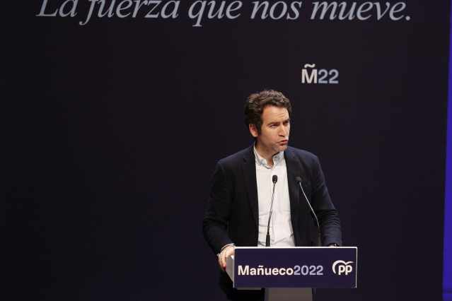 El secretario general del PP, Teodoro García Egea, interviene en un mitin, a 7 de febrero de 2022, en Soria, Castilla y León (España).