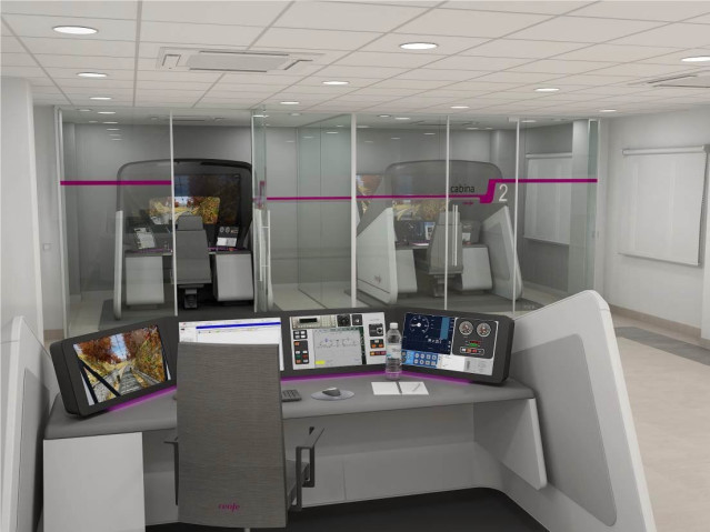 Archivo - Render de una cabina de simulación de conducción de Renfe