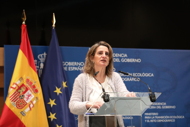 La vicepresidenta y ministra para la Transición Ecológica y el Reto Demográfico, Teresa Ribera, en una rueda de prensa después de un encuentro de trabajo con la comisaria europea de Energía, en la sede del Ministerio para la Transición Ecológica y el Reto