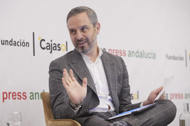 El consejero de Hacienda, Juan Bravo, este miércoles durante el encuentro informativo de Europa Press Andalucía, organizado en Sevilla junto a la Fundación Cajasol.