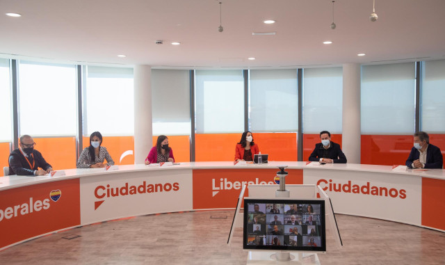Imagen de recurso (I-D) de la vicealcaldesa de Madrid, Begoña Villacís; la secretaria general de Ciudadanos, Marina Bravo; la líder de Cs, Inés Arrimadas; y el vicesecretario general y portavoz de Ciudadanos, Edmundo Bal.
