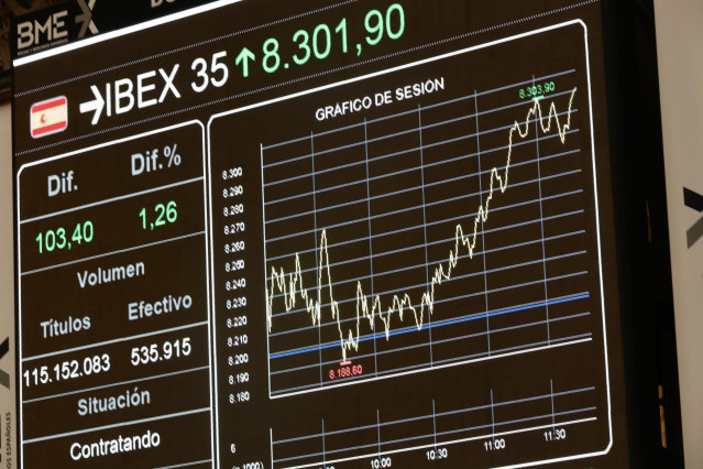 Valores del Ibex 35 en los paneles del Palacio de la Bolsa de Madrid, a 25 de febrero de 2022, en Madrid (España).