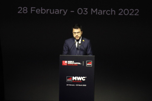 El presidente de la Generalitat, Pere Aragonès, en su discurso de la cena oficial del MWC 2022