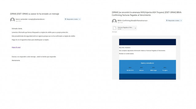 Capturas de pantalla de los emails fraudulentos que tratan de suplantar a Banco Santander y BBVA, identificados por Eset.