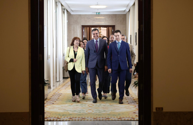 (I-D) La presidenta del PSOE, Cristina Narbona; el presidente del Gobierno, Pedro Sánchez y el portavoz del PSOE en el Congreso, Héctor Gómez, a su llegada a una reunión con los diputados y senadores del PSOE, en el Congreso de los Diputados.
