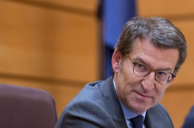 El presidente del PP, Alberto Núñez Feijóo, interviene durante la reunión plenaria de los grupos parlamentarios del Partido Popular del Congreso de los Diputados, en el Senado y en el Parlamento Europeo, en el Senado, a 27 de mayo de 2022, en Madrid (Espa