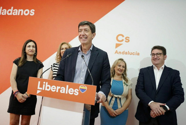 El candidato de Cs a la Presidencia de la Junta y vicepresidente de la Junta, Juan Marín, este martes en rueda de prensa.