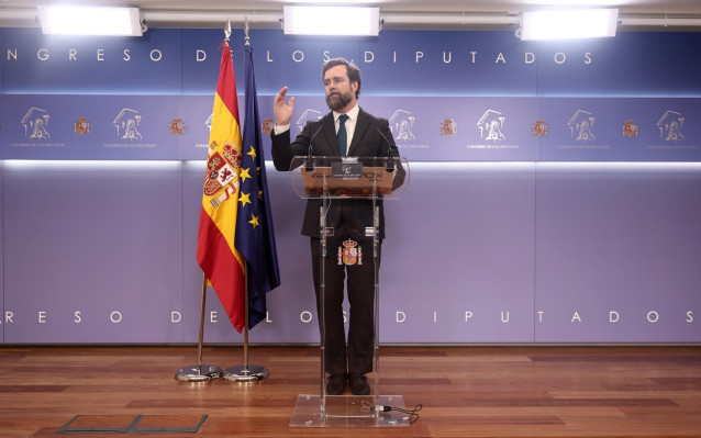 El portavoz de Vox en el Congreso, Iván Espinosa de los Monteros, en una rueda de prensa posterior a la Junta de Portavoces