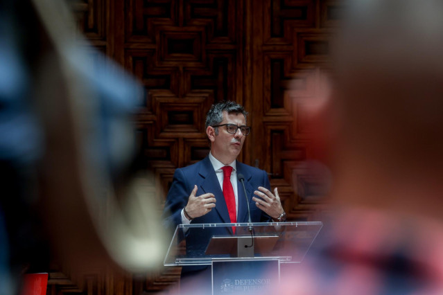 El ministro de la Presidencia, Félix Bolaños, interviene en el acto donde han entregado al Defensor del Pueblo, un informe sobre las actuaciones y medidas emprendidas de las Administraciones públicas en La Palma, a 6 de junio de 2022, en Madrid (España).