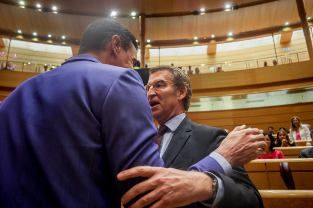 El presidente del Gobierno, Pedro Sánchez (i), y el líder del PP, Alberto Núñez Feijóo (d), se saludan en una sesión plenaria en el Senado, a 7 de junio de 2022, en Madrid (España). Se trata del primer duelo parlamentario entre Sánchez y Feijóo, dos meses
