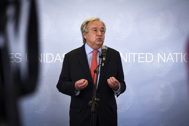Archivo - El secretario general de Naciones Unidas, Antonio Guterres, interviene en rueda de prensa, en el X aniversario del Centro de Naciones Unidas de Teconlogía, a 1 de julio de 2021, en Quart de Poblet, Valencia, Comunidad Valenciana (España).
