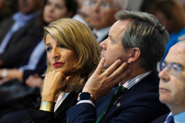 La vicepresidenta segunda y ministra de Trabajo, Yolanda Díaz, en la presentación del Manifiesto de la Economía Social, en la Fundación Laboral de la Construcción, a 6 de junio de 2022, en Santiago de Compostela, A Coruña, Galicia (España).