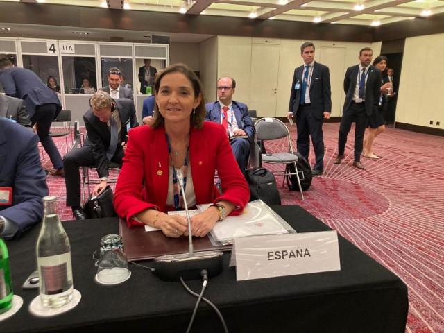La ministra de Industria, Comercio y Turismo, Reyes Maroto, en la 12ª Conferencia Ministerial de la organización, que se celebra en Ginebra hasta el 15 de junio.