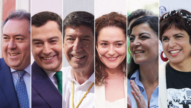 Montaje fotográfico con los candidatos de las elecciones al Parlamento de Andalucía. De izquierda a derecha: Juan Espadas (PSOE), Juan Manuel Moreno (PP), Juan Marín (Ciudadanos), Inmaculada Nieto (Por Andalucía), Macarena Olona (Vox) y Teresa Rodríguez (